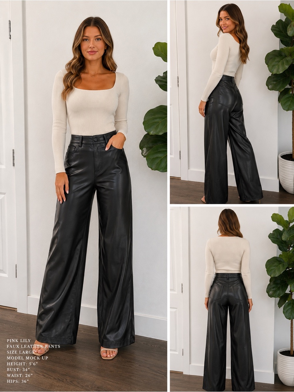 Pink Lily Black Faux Leather High-Waist Wide-Leg Pants